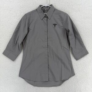 Tesla Shirt Womens Small Gray‎ Embroidered Logo 3/4 Sleeve Button Front Stretch